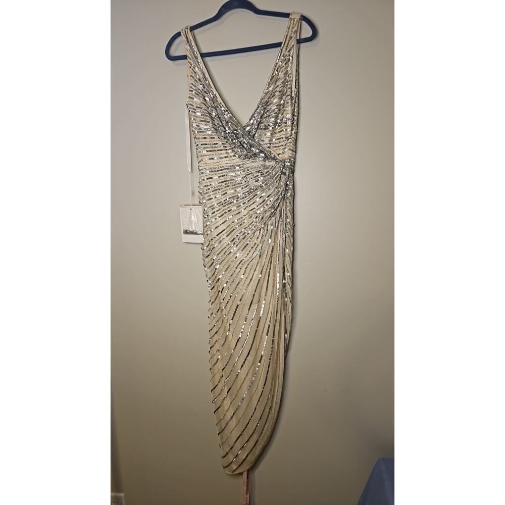 Mac Duggal Sequin Faux Wrap Sleeveless Midi Dress Silver/Yellow NWT - Picture 3 of 4